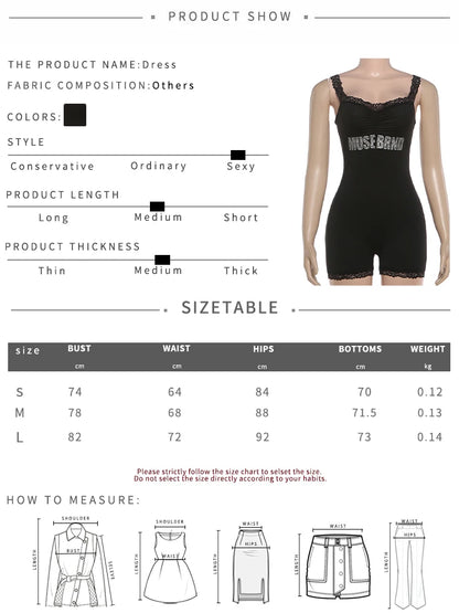 Kliou Lace Patchwork Playsuit Woman Summer Trend Letter Print Low-Neck Backless Skinny Stretch High Street Fashion Style Rompers