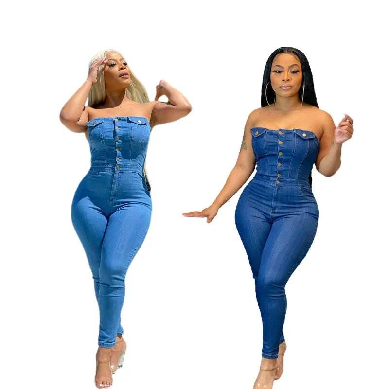 Women 2023 Autumn One Piece Sleeveless Slim Strapless Denim Jumpsuits Tight High Waist Sheath Overalls Long Pants Rompers