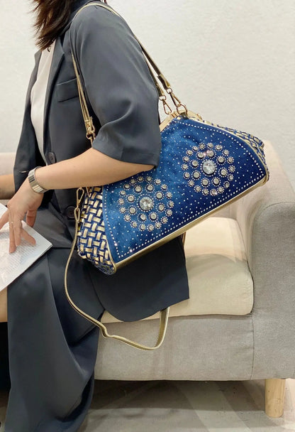 Denim Rhinestones Women Handbag Clutch Bag For Evening Party Chic Butterfly Decoration Ladies Denim  Shoulder Bag
