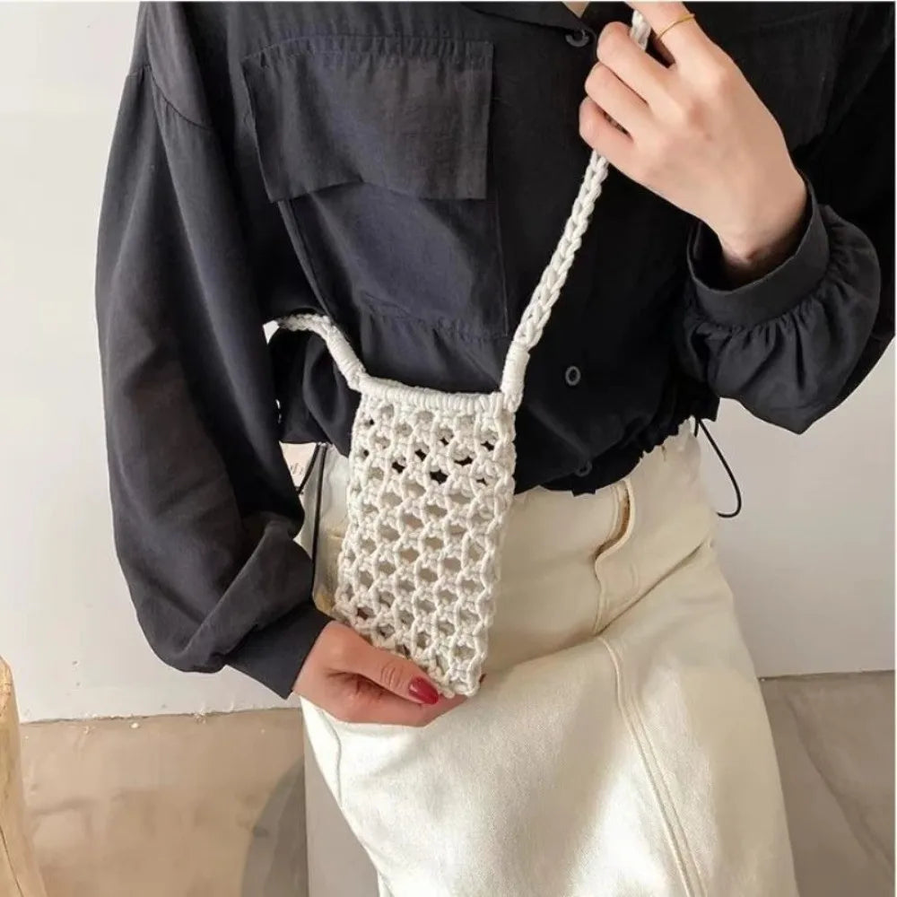 Hollow-out Woven Crochet Small Crossbody Phone Bag Women Fashion Solid Color Lightweight Braided Shoulder Handbag Crossbody Bags