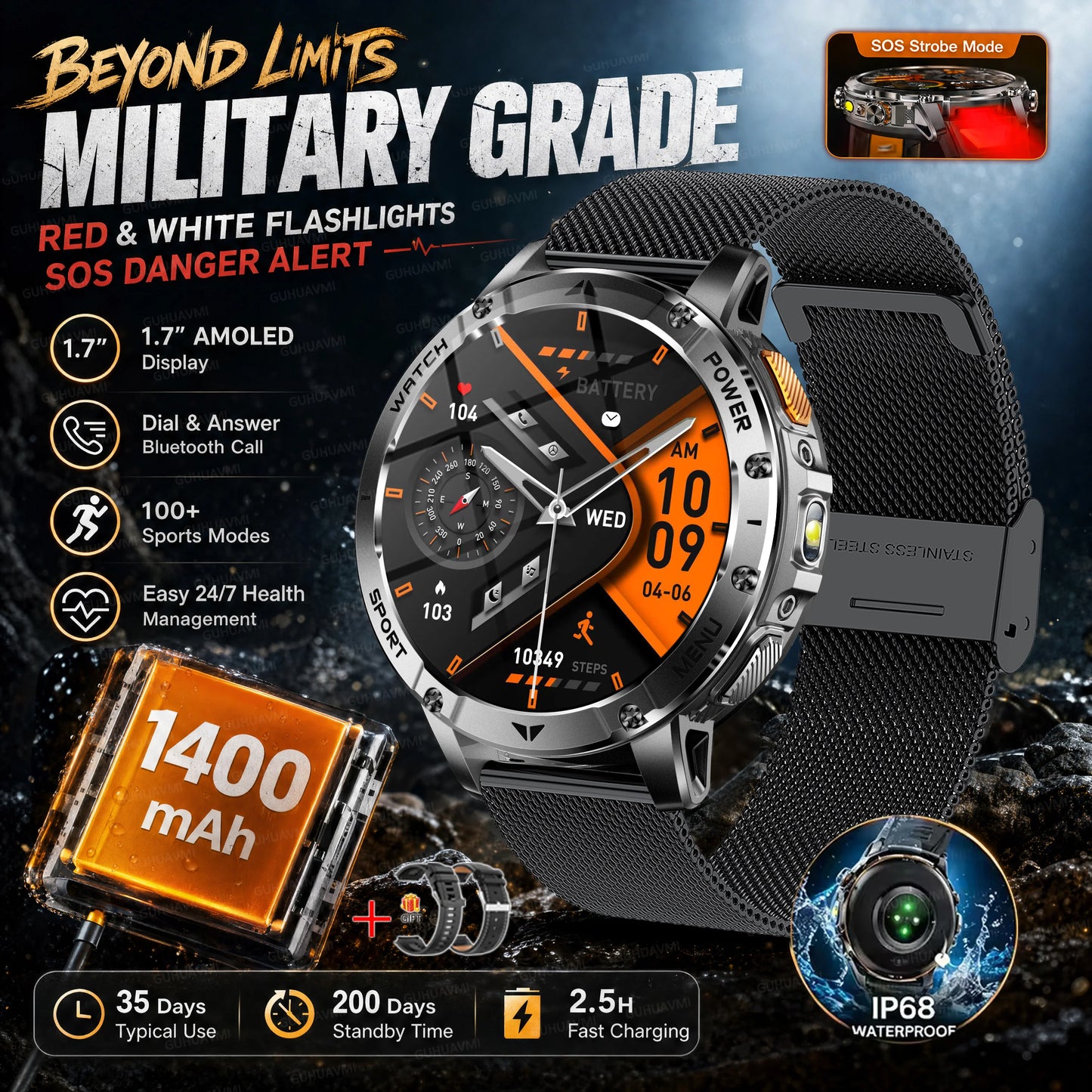TANK Ultra Outdoor Smartwatch 1400mAh Battery Military Watches Waterproof Two-color Tactical LED Flashlight Men Sports Bracelet
