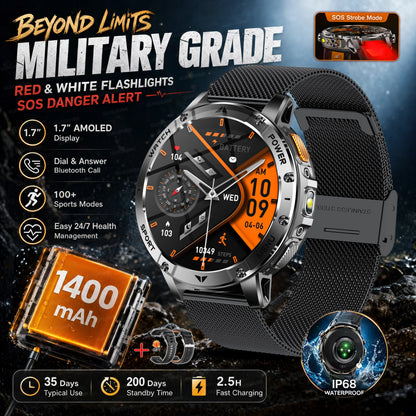 TANK Ultra Outdoor Smartwatch 1400mAh Battery Military Watches Waterproof Two-color Tactical LED Flashlight Men Sports Bracelet