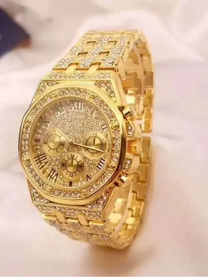 Fashion watch gift set, diamond studded hip-hop watch bracelet necklace set, quartz watch set