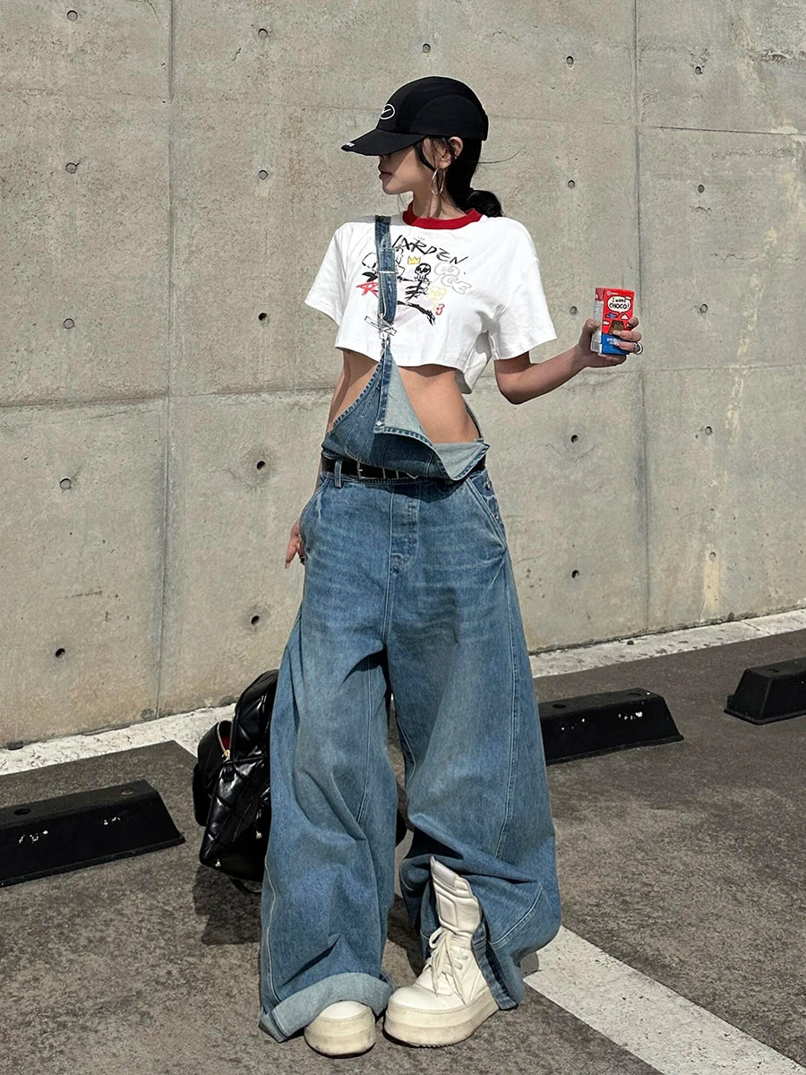 ReddaChic Women's Wide Leg Denim Overalls Casual Chic Autumn Winter Romper Loose Floor-Length Jumpsuit Jeans Trousers Rompers