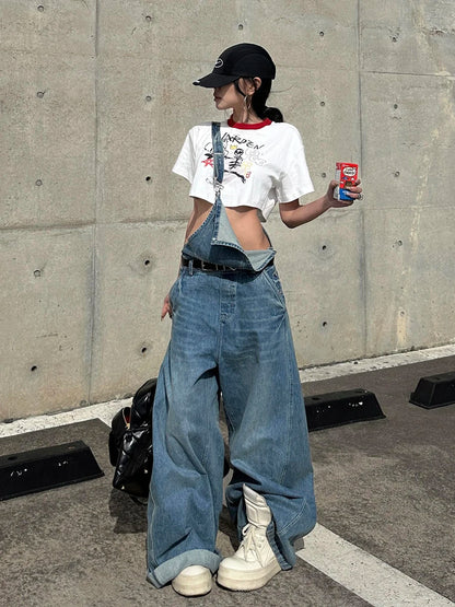 ReddaChic Women's Wide Leg Denim Overalls Casual Chic Autumn Winter Romper Loose Floor-Length Jumpsuit Jeans Trousers Rompers