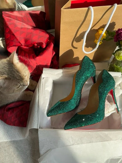 High Heels Women 2025 Spring New gold Sexy Pointy French Thin With Single Shoes Women Crystal Wedding Shoes Women Red Sole Shoe
