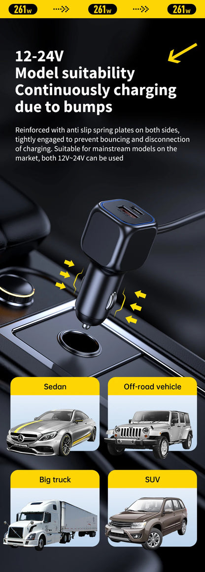 7 in 1 Cigarette Lighter Adapter Cup Holder 261W Car Charger Adapter with PD45W Charge 24V/12V Cigarette Lighter LED Voltmeter