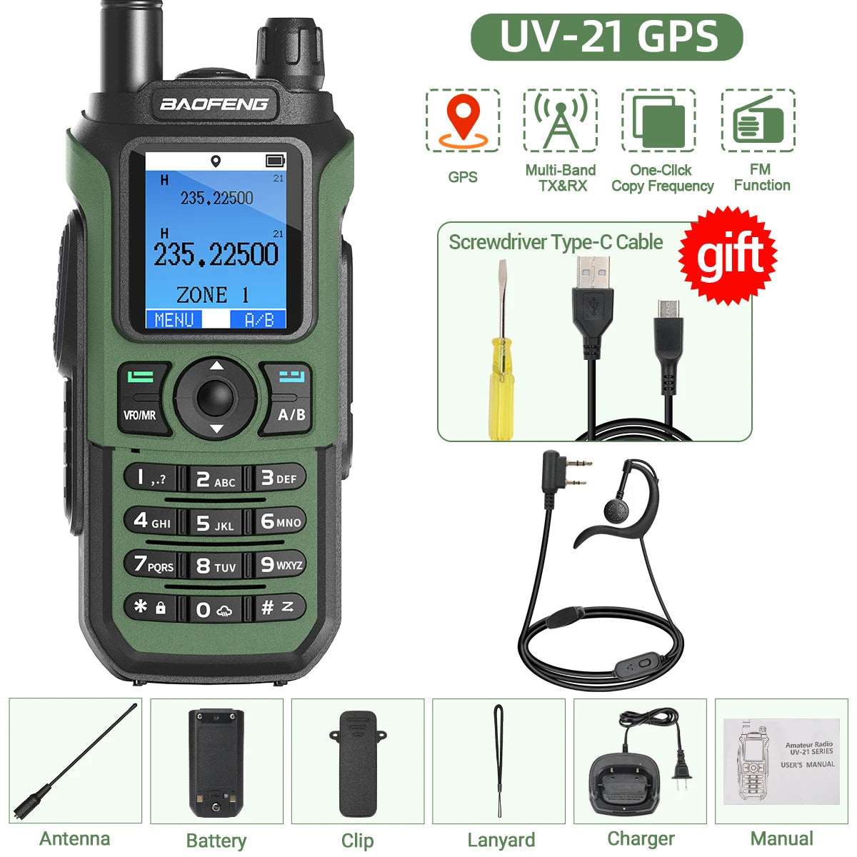 Baofeng UV-21 PRO Walkie Talkie GPS Portable Long Range Mutli-Band Wireless Copy Frequency Type-C Charger Radio Upgrade UV17 PRO