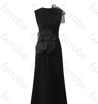 Customized Black Exquisite Evening Dress Flower Beading Ruched A-line Sleeveless Bespoke Occasion Gown Midi Dresses Party Gowns