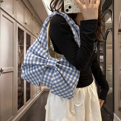Women Red White/ Blue White Gingham Plaid Tote Bag with Big Bow Decor, Large Capacity Soft Canvas Shoulder Handbag, Casual Shopping Bag for Picnic Travel Daily Commute