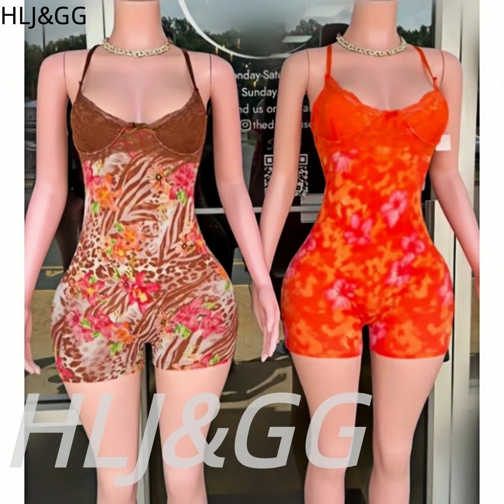 HLJ&GG Vintage Flowers Print Mesh Spaghetti Strap Bodycon One Piece Rompers Women V Neck Sleeveless Jumpsuits Fashion Overalls