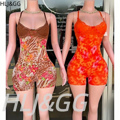 HLJ&GG Vintage Flowers Print Mesh Spaghetti Strap Bodycon One Piece Rompers Women V Neck Sleeveless Jumpsuits Fashion Overalls