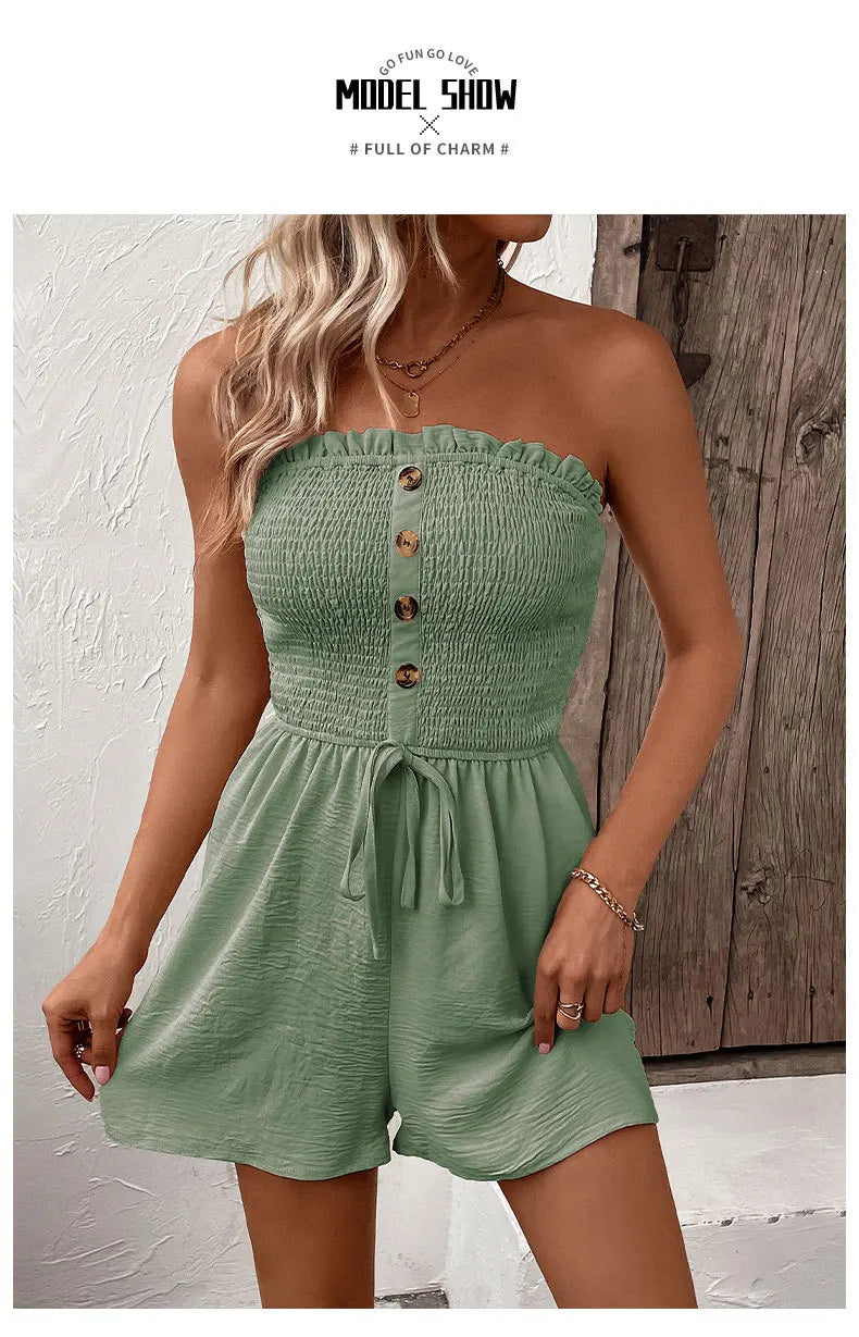 Summer Leisure Vacation, European and American Solid Color High Waist Design, Strapless Jumpsuit Shorts