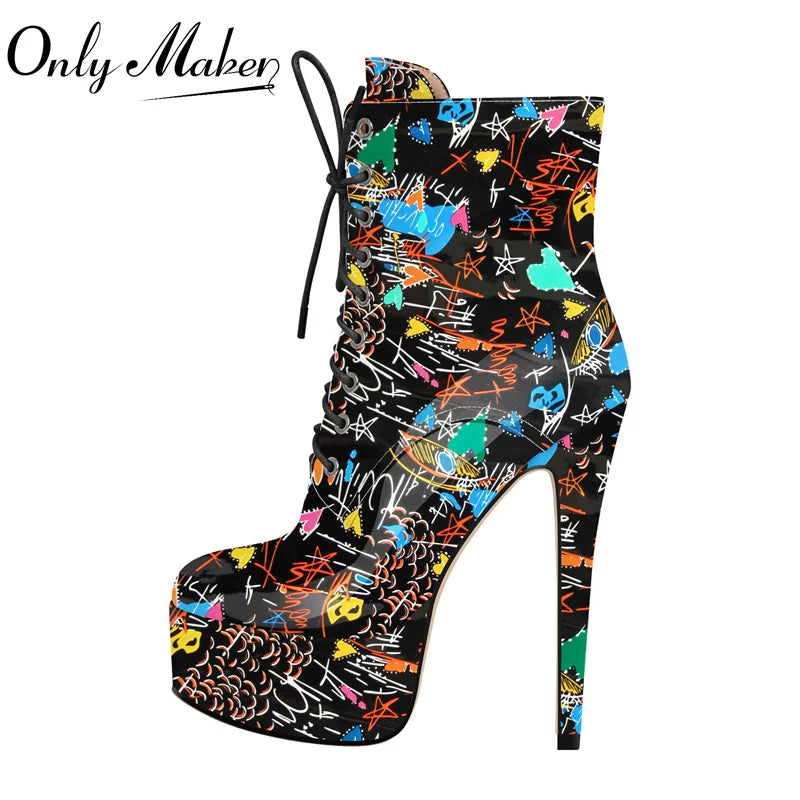 Onlymaker Women Round Toe Platform Lace-up Stiletto Printed Side Zipper Stiletto High Heel Ankle Boots