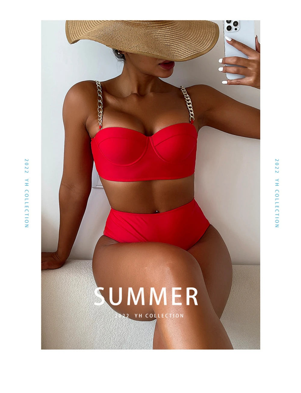Push Up Bikini Hard Wrap Top Underwire Chain Shoulder Straps High Waist Bottom Swimwear Women Solid Swimming Beach Bathing Suit