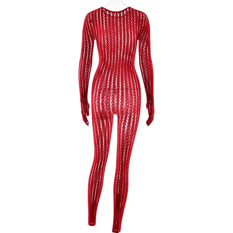 HLJ&GG Sexy Mesh Stretchy See Though Bodycon Jumpsuits Women Round Neck Long Sleeve Slim Playsuits Fashion Print Overalls 2025