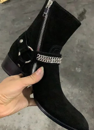Brown Men Chelsea Boots Handmade High-quality Cow Suede Business Casual Square Toe Mid-heel Men Shoes Motorcycle Boots With Heel