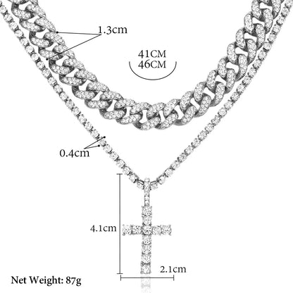 Hip Hop Diamond Cuban Link Chain Cross Necklace Men Women 2Pcs Bling Miami Cuban Chain Necklace Set Iced Out Chain Jewelry