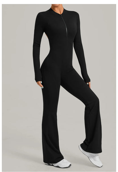 Women Long Sleeve Zip Yoga Bodysuit Cutout Back Scrunch Butt Lift Tummy Control Sweat Wicking Fabric Gym Workout Flare Jumpsuit
