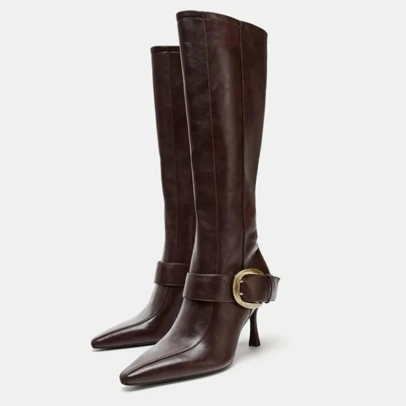 Winter Fashion Sexy Soft Leather Knee High Boots Women Metal Belt Buckle Ladies Zip Pointed Toe Designer Heels Long Shoes
