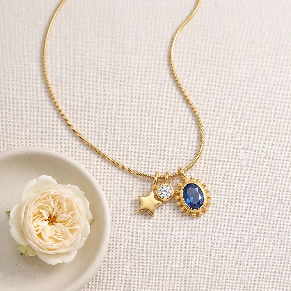 ATTAGEMS Sapphire Moissanite Pendant Star Moon Sun Necklace Copper Snake Chain Wedding Jewelry Holiday Party Gift for Women Girl