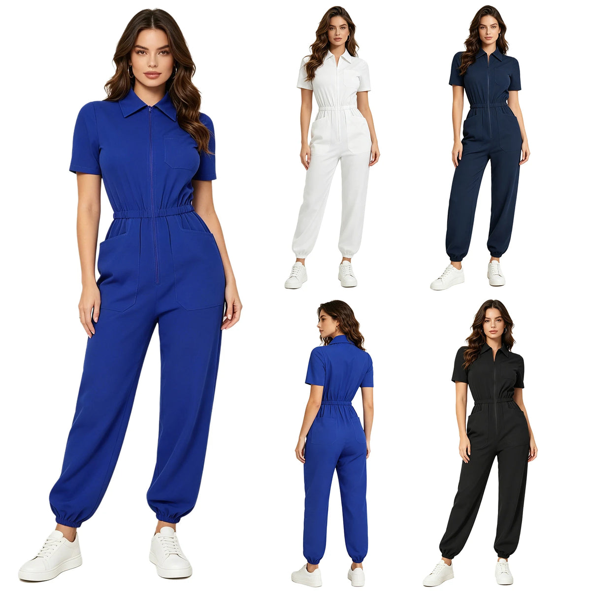 Womens Scrubs Jumpsuit Soft Stretch Medical Scrub Set with Pockets Front Zipper Elastic Waist Jogger Pants Nurse Doctor Workwear