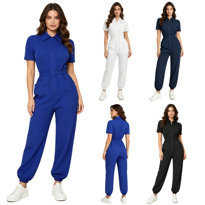 Womens Scrubs Jumpsuit Soft Stretch Medical Scrub Set with Pockets Front Zipper Elastic Waist Jogger Pants Nurse Doctor Workwear