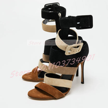 Cutout Gladiator Sandals Women Grey Suede Mixed Colors Zipper Buckle Open Toe High Heels Sandals Female Fashion Stiletto Wear