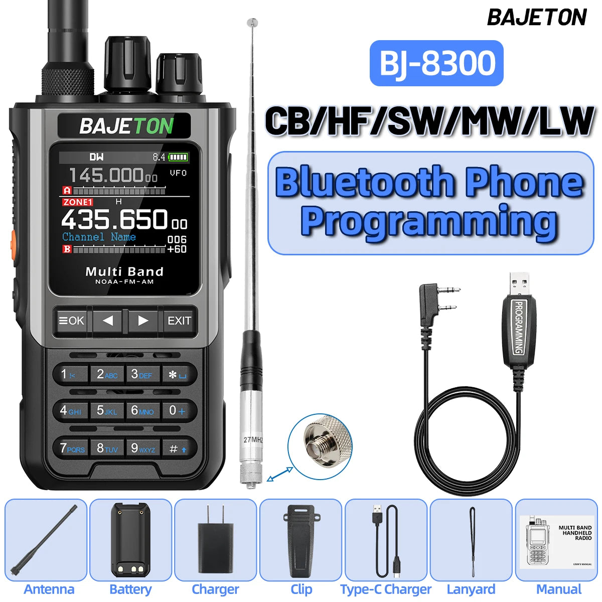 BAJETON BJ-8300 10W Ham Radio Shortwave HF SSB CB Walkie Talkie AM USB LSB CW Bluetooth Programming Handheld Two Way Radio