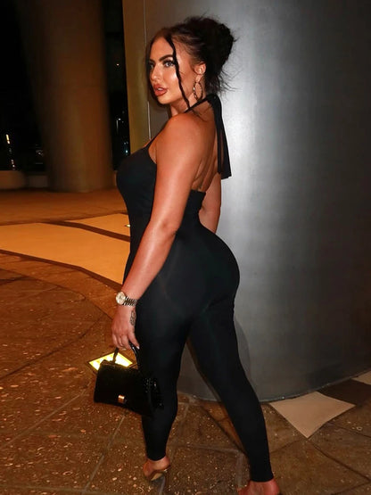 Weird Puss Hipster Backless Jumpsuit Women Halter Lace-Up Low Chest Sexy Solid Midnight Activity Stretch Slim Streetwear Overall