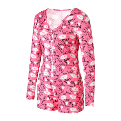 Combhasaki Women's Sexy High Waist Functional Buttoned Flap OnesEies Casual Pattern Print Romper Long Sleeve Playsuit Homewear