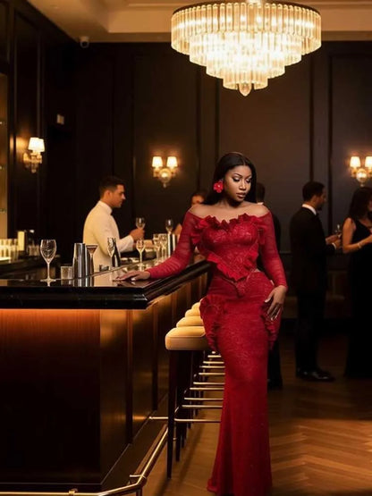 Elegant Women's Red Lace Dress Set Spring Off Shoulder Ruffled Design Long Sleeve Gown Sexy Bodycon Skirt and Top Set Two Pieces