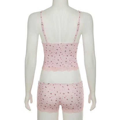 Summer Two-piece Pajamas Set for Women Sleepwear  Floral Lace Pink Sleeveless Camisoles and Slim Shorts Loungewear
