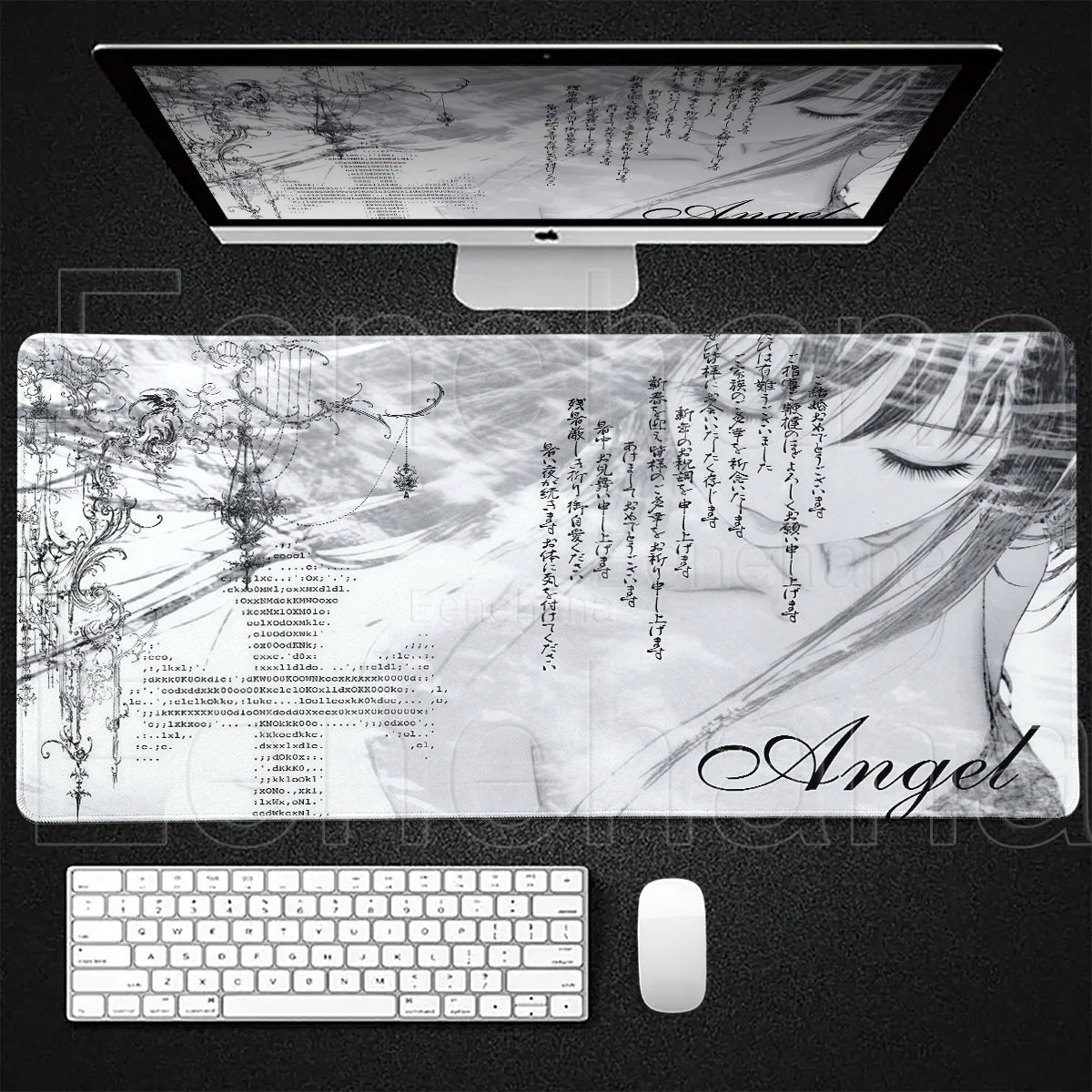 Black White Angel Mouse Pad Large PC Gaming Anime Pretty Girl DeskMat XXL Cartoon Laptop Keyboard Gamer Accessories Office Setup