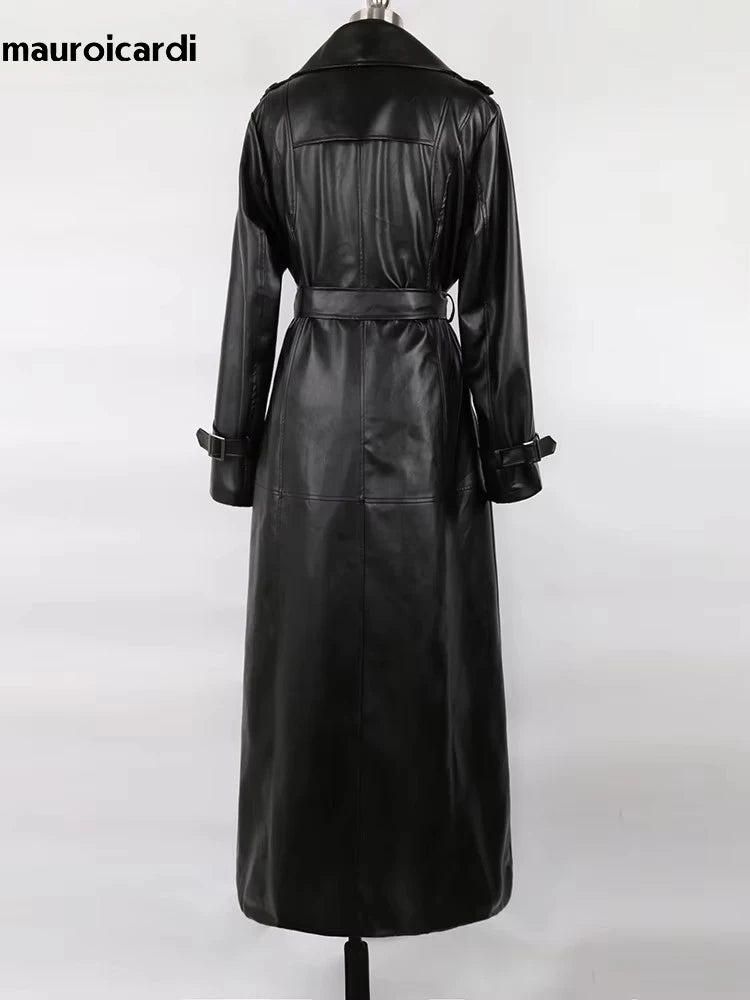 Mauroicardi Spring Autumn Waterproof Black Soft Pu Leather Trench Coat for Women Belt Double Breasted Floor Length Overcoat 2025