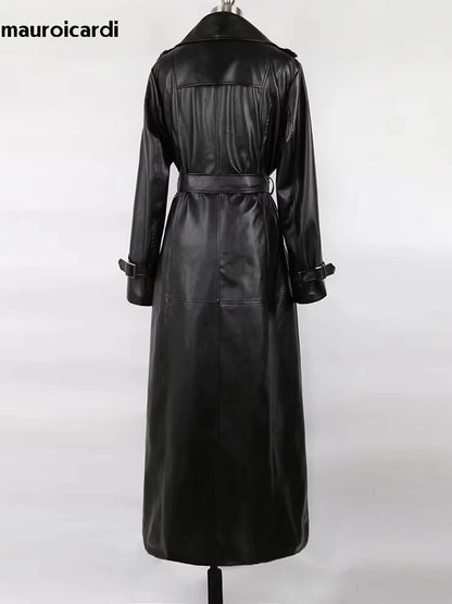 Mauroicardi Spring Autumn Waterproof Black Soft Pu Leather Trench Coat for Women Belt Double Breasted Floor Length Overcoat 2025