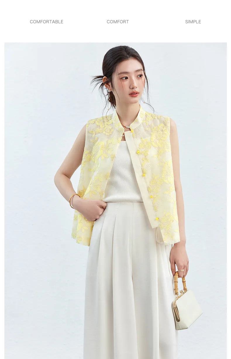 VIMLY Women's Vest 2026 Summer Casual Yellow Floral Embroidery Stand Collar New Chinese Style Sleeveless Jacket Ladies A5251