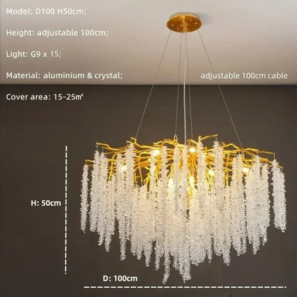 Modern Luxury Gold Branch Tassel Crystal LED Pendant Light Dining Room Living Room Indoor Home Decoration Atmosphere Fixtures