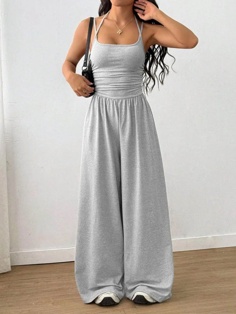 Spaghetti Strap Jumpsuit Square Neck Ruched Waist Wide Leg Long Pant Outfit For Women Daily Travel Outdoor Casual Lounge Stylish Garment