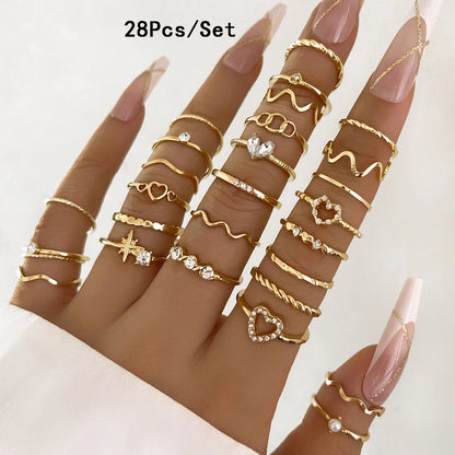 28Pcs Fashion Geometric Knuckle Rings Set For Women Crystal Heart Gold Silver Color Rings Girls  Party Jewelry Accessories