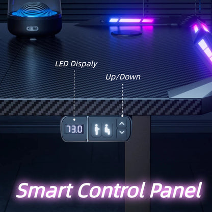 NEBMAAX Electric Height Adjustable Gaming Desk With RGB LED Strip Lights, Built-In Cup Holder Headset Hook Ergonomic Computer Game Table with Carbon Fiber Surface, 2 Memory Positions and 3 Sizes