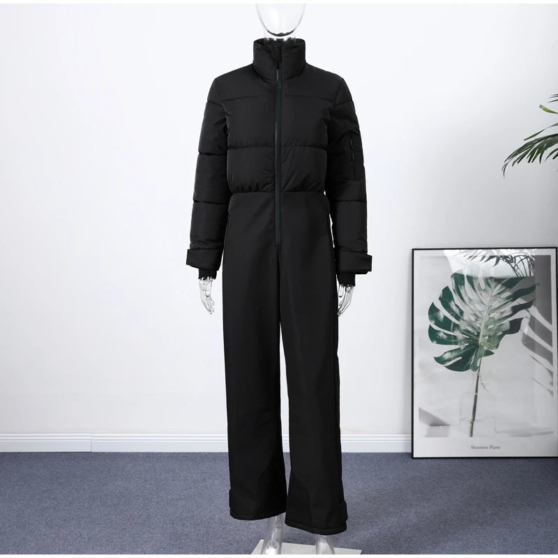 Fashion Hooded One-Piece Ski Jumpsuit Women Stand Collar Zipper High Waist Solid Windproof Outwear 2026 Winter Lady Skiwears New