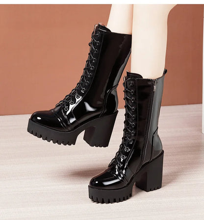 10cm Small Size 32-43 Fall Winter Genuine Leather Boots Platform Shoes 2026 Womens Block High Heels Mid Leg Boots Office Model