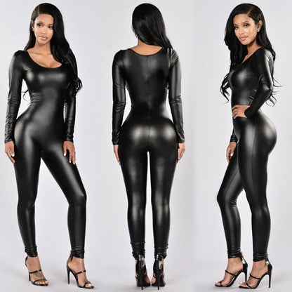 New Elastic Patent Leather Long Sleeve Jumpsuit Tights Cosplay Bodysuit Leotard Sexy Catsuit Clubwear Lingerie Teddies Jumpsuit