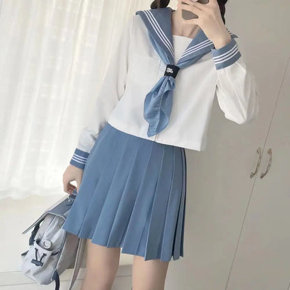 Blue JK Uniform Summer long Sleeve Japanese School Uniforms Girls Sailor Sets Pleated Skirt JK Uniform Costume