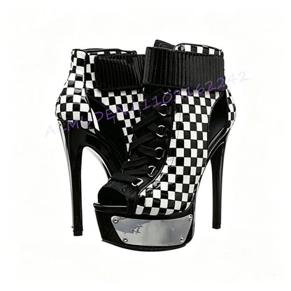Women Open Toe Ankle Boots Platform Stiletto High Heels Lace Up Checkerboard Pattern Chunky Sole Party Shoes Statement Footwear