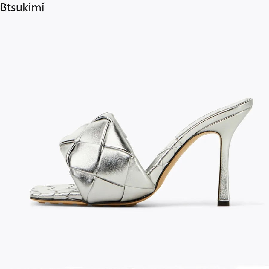 New 2026 Summer Fashion Women's Slippers PU Leather Square Toe Sandals for Women Fluorescent Yellow Fine Heel Ladies High Heels