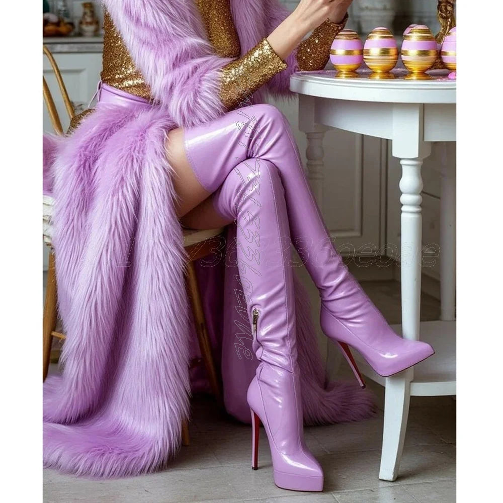 Sexy Purple Fitted Over-Knee Boots with Side Zip Decoration High Heels And Water Platform Fashionable Patent Leather Long Boots