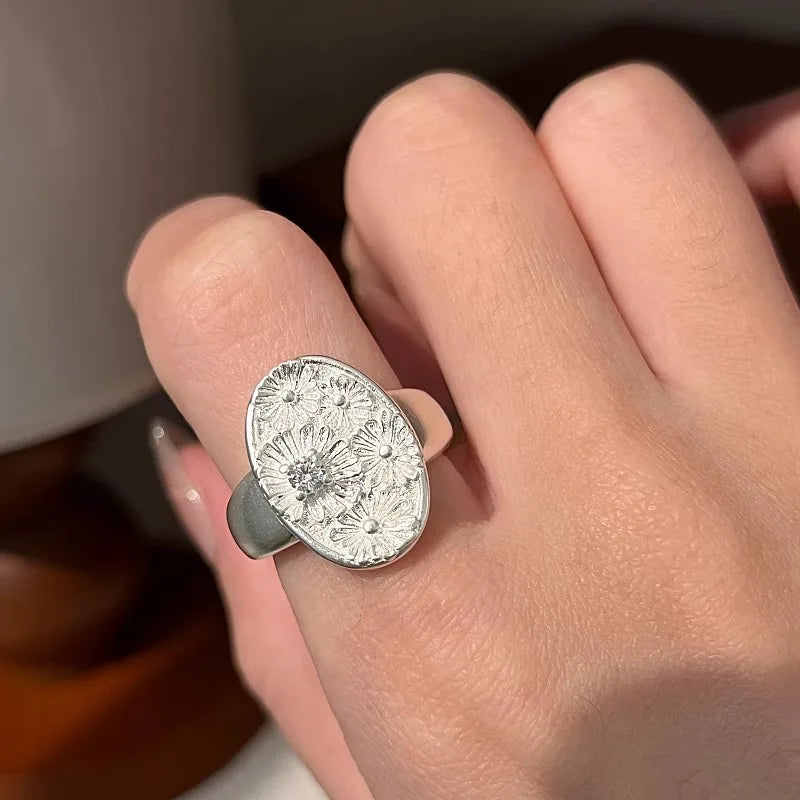 PANJBJ 925 Sterling Silver Golden Flower Rings For Women Drip Glaze Plant Irregular Adjustable Sweet Jewelry Gift Dropshipping