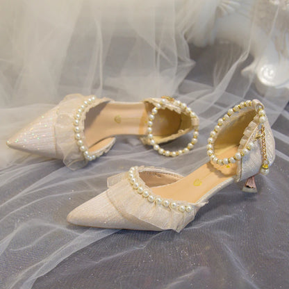 Elegant Pearl Weddings Bridal Pumps for Women 2026 Summer Silk Ankle Straps High Heels Shoes Woman Pointed Toe Dress White Shoes
